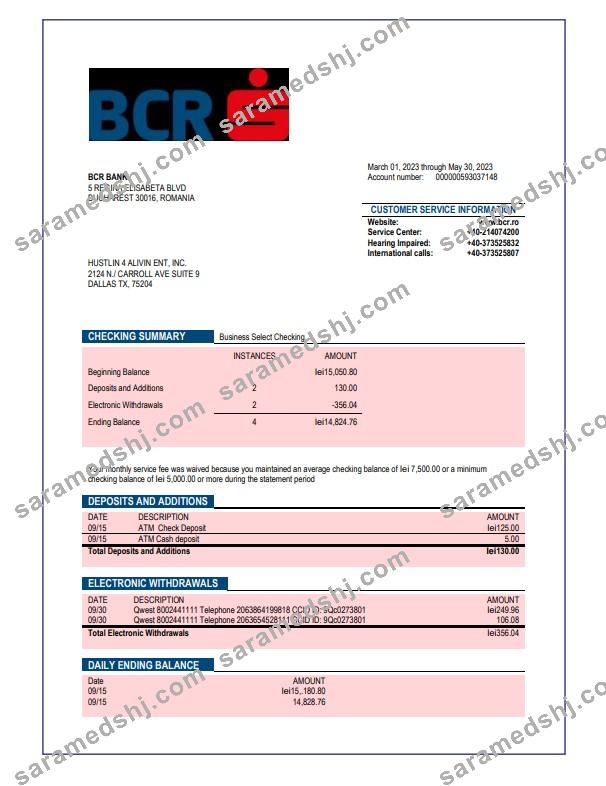 BCR Bank company checking account statement Word and PDF template